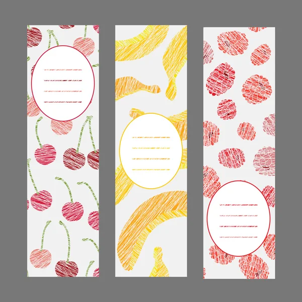 Gekrast bananen kersen en frambozen banners — Stockvector