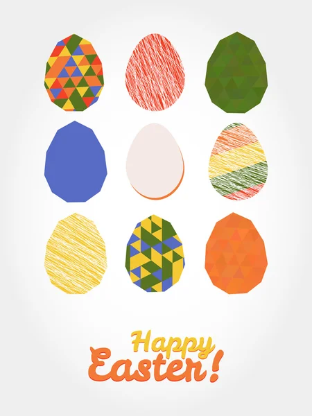 'Mutlu paskalyalar!' kartı. Paskalya yumurtaları çeşitli dokular ile. — Stok Vektör