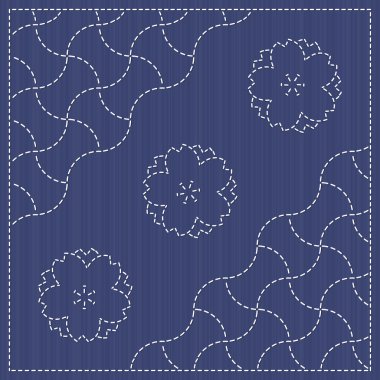 Sashiko motifi - çiçek açan kiraz çiçekleri ve dalgalar. Seamless modeli.