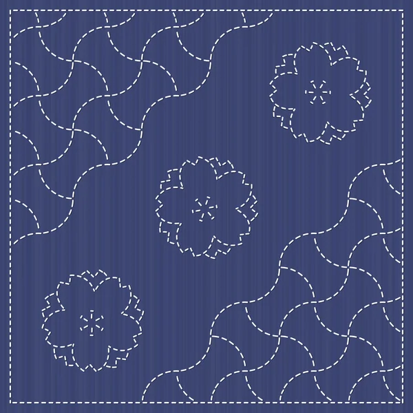 Sashiko motiv - blommande körsbär blommor och vågor. Seamless mönster. — Stock vektor