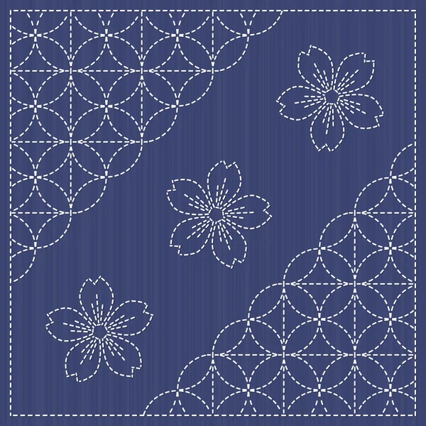 Sashiko motiv - blommande körsbär blommor och cirklar. Seamless mönster. — Stock vektor