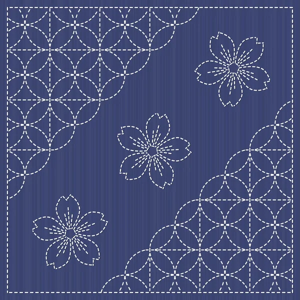 El motivo Sashiko - las flores florecientes de cerezo y los círculos. Patrón sin costura . — Vector de stock