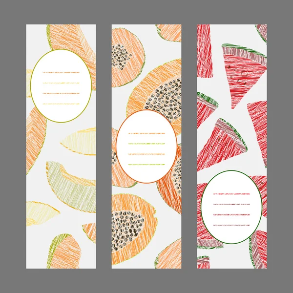 Banners de frutas verticais. Ilustração. Papaia arranhada, melão e — Vetor de Stock