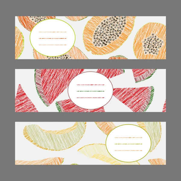 Horizontal Fruit Banner Set. Papaya, melon and watermelon. Harve — Stock Vector