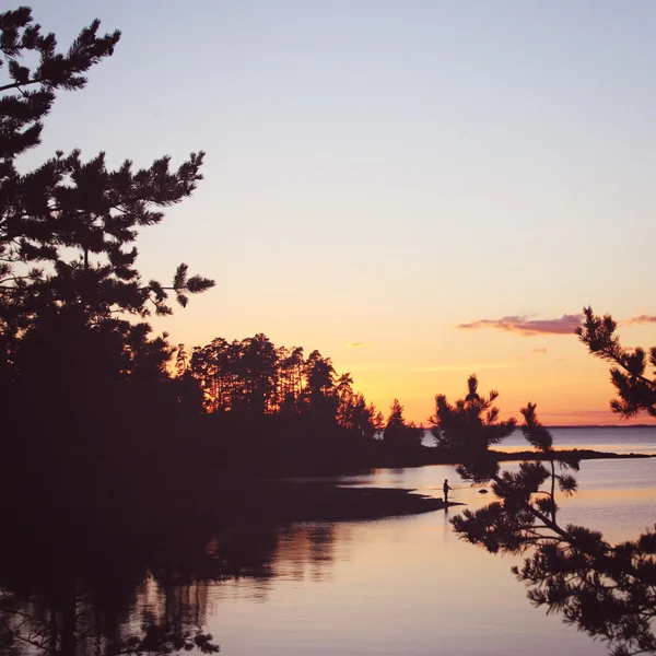 Lago y pinos. Pescador solitario en la orilla . — Foto de Stock