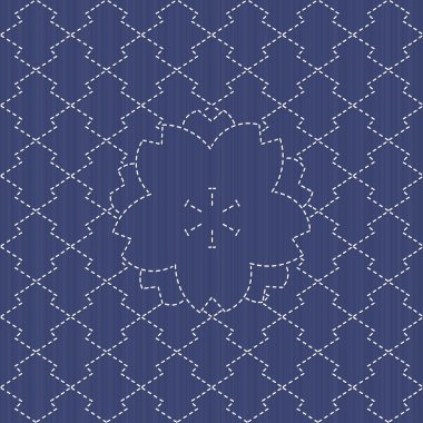 Sashiko motifi - çiçek açan kiraz çiçekleri ve dalgalar. Sorunsuz patt