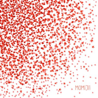 'Momiji!' kartı. Sonbahar yaprakları. Dağınık akçaağaç yaprakları ile basit kartpostal.