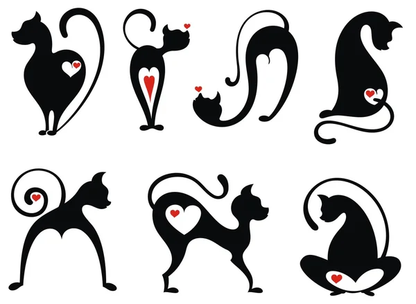 Gatos negros con corazones rojos — Vector de stock