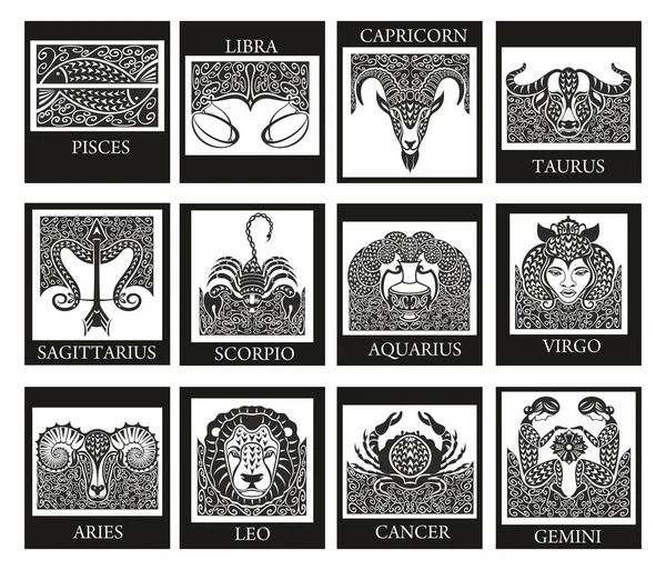 Set Zodiac Signs Icons Aries Leo Gemini Taurus Scorpio Aquarius — Stock Vector