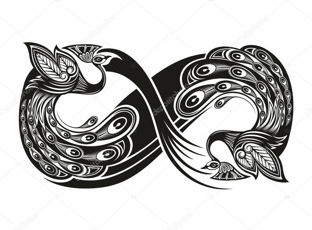  Decorative infinity tattoo design. Black and white stily. Peacock collection