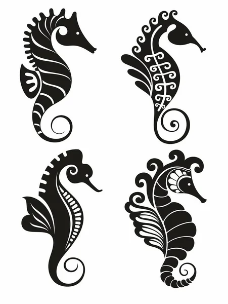 Iconos Gráficos Caballitos Mar Carteles Negros Caballito Mar Aislados Sobre — Archivo Imágenes Vectoriales