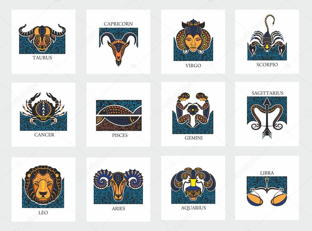 Set of zodiac signs icons. Aries, leo, gemini, taurus, scorpio, aquarius, pisces, sagittarius, libra, virgo, capricorn and cancer. 