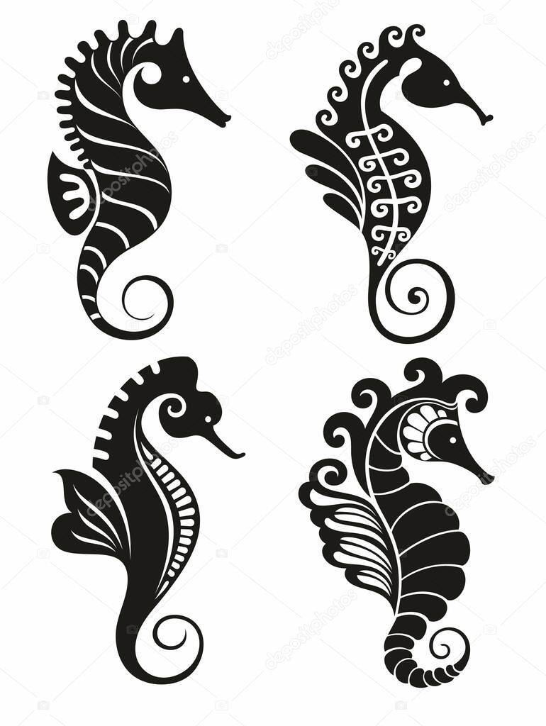 Seahorse graphic icons. Seahorse black signs isolated on white background. Sea life symbol. Tattoo.