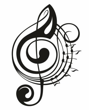 Music notes and treble clef. Silhouette vector illustration. Design for t shit, card, emblem, sign, badge.