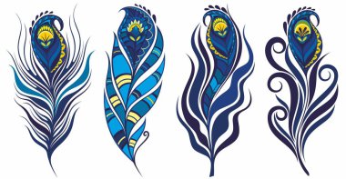 Tüylü simge seti. Beyaz arkaplanda izole edilmiş tasarım için tüy vektör simgeleri kümesi. Logo tüyleri. Tasarımınız için siluet vektör ögeleri