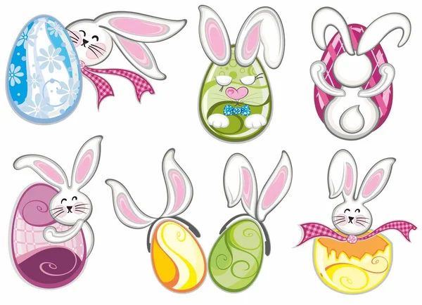 Set Easter Eggs Funny Bunnies Isolated White Background — Stock Vector