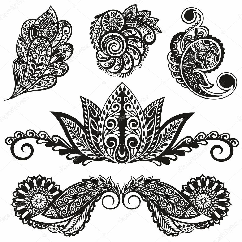 Set of paisley elements with flowers 