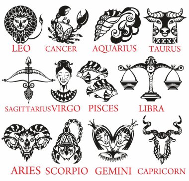 Zodiac simgeleri. Koç, leo, gemini, boğa, akrep, akvaryum, balık, yay, terazi, başak, oğlak ve kanser. Basit çizgi film tarzında vektör illüstrasyonu.