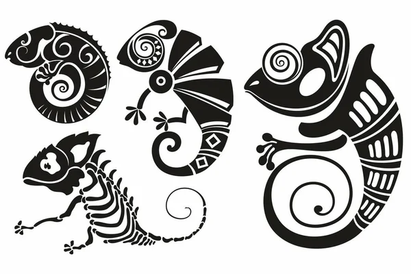 变色龙蜥蜴爬行动物黑色轮廓动物 Tattoo Chameleon蜥蜴 — 图库矢量图片
