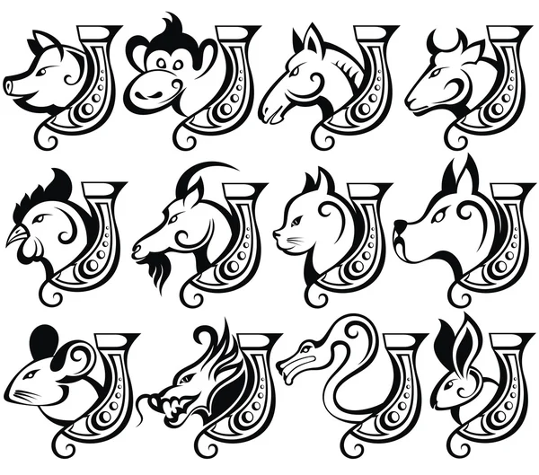 Ilustración vectorial de signos del zodiaco chino con herraduras para la suerte — Archivo Imágenes Vectoriales