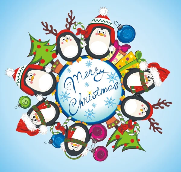 Feliz tarjeta de Navidad con pingüinos — Archivo Imágenes Vectoriales