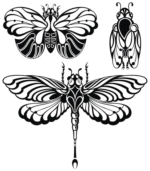 Conjunto de siluetas de mariposas.Libélula — Vector de stock
