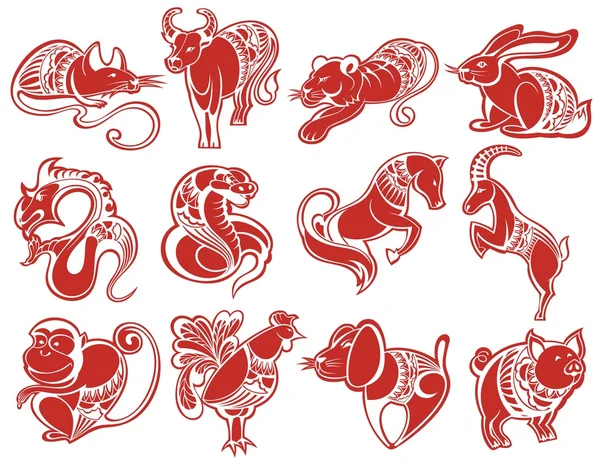 Iconos de zodíaco de corte en papel chino — Archivo Imágenes Vectoriales