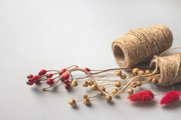 Creative Composition Natural Jute Twine Roll Linen Cannabis Dry Flowers — Stock Photo, Image