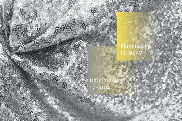 究極の グレーと照明黄色の色でスパンコール生地の背景を持つ創造的なコラージュ 2021年のコンセプトの色 選択的な焦点 — ストック写真