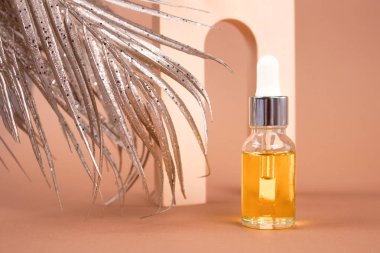 Düşüren organik kozmetik şişesinin görüntüsü - hyaluronik asit, serum, nemlendirici ya da yaşlanma önleyici yağ. Nötr biege 'deki temel yağ, palmiye yapraklarıyla yaşam bileşimi