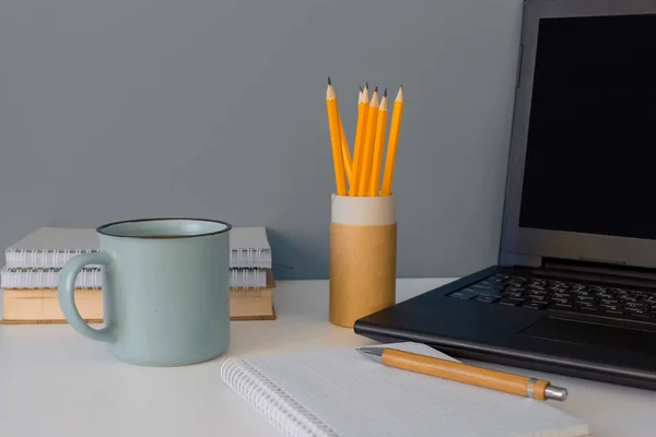 Front View Modern Creative Workspace Laptop Blue Cup Coffee Yellow — Stock Photo, Image