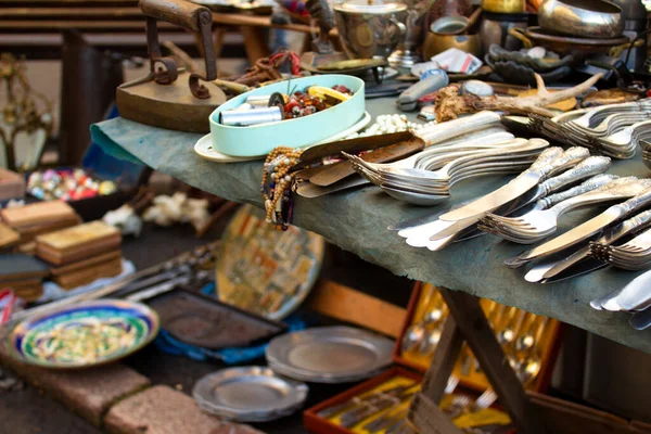 Different Antiques Flea Market Festival Aged Vintage Silver Cultery Spoons — Stock Photo, Image