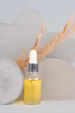 Modern organik kozmetiğe sahip damlatan şişenin kopyası. Poliglutamik ya da hiyalüronik asit, serum, nemlendirici, yüz yaşlanmasına karşı yağ. Moda, nötr gri, natürmort. Dikey resim