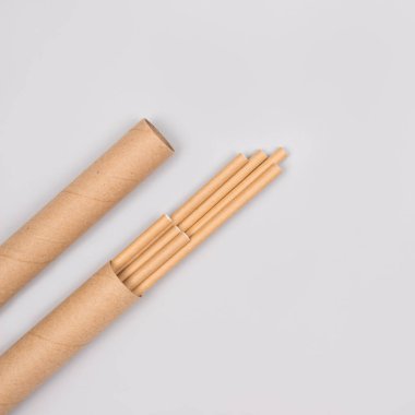 Kraft kağıt tüp ya da yeşil yapraklı konteynır içine doldurulmuş kağıt pipetlerin kopyası açık gri arka planda. Sürdürülebilir yaşam tarzı ve sıfır atık konsepti. Seçici odak