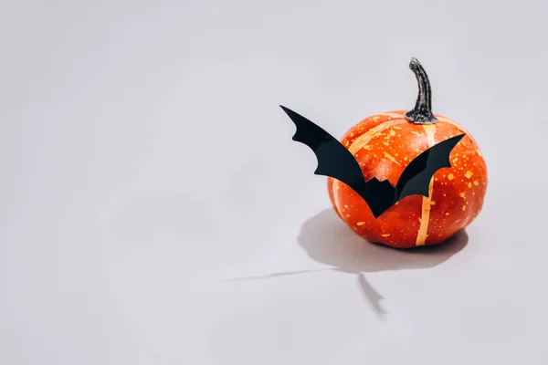 Mínimo concepto de Halloween asustadizo - calabaza naranja decorativa con bigote en forma de murciélago sobre fondo gris claro con espacio para copiar. Decoraciones de Halloween o concepto de invitación a fiestas. Enfoque selectivo — Foto de Stock