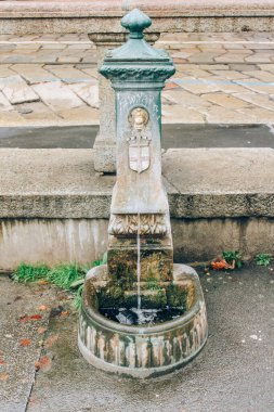 Vedovelle ile dikey görüntü - tipik koyu yeşil dökme demir şehir çeşmesi, Milan 'da ejderhalarla birlikte içme suyu ve içme suyu güvenliği kavramı. Seyahat ipuçları