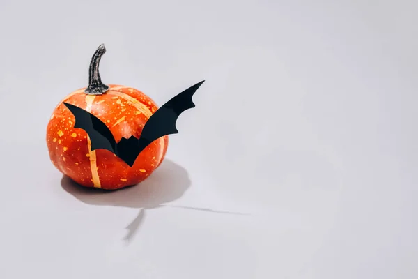 Halloween concepto de miedo - calabaza naranja decorativa con bigote en forma de murciélago sobre fondo gris claro con espacio de copia. Decoraciones de Halloween o concepto de invitación a fiestas. Enfoque selectivo — Foto de Stock