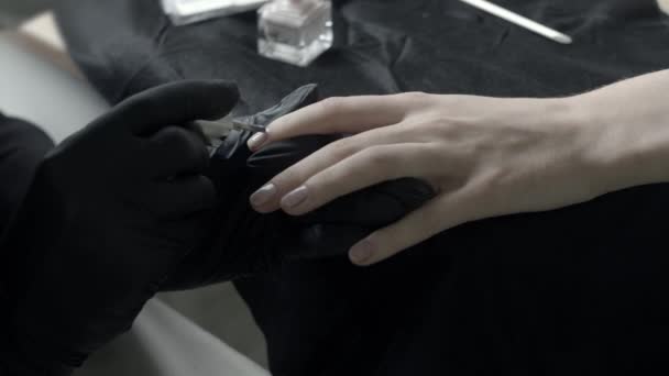 Le maître en gants de protection en latex noir plonge une brosse dans un tube avec un vernis beige. Salon de beauté, Manucure — Video