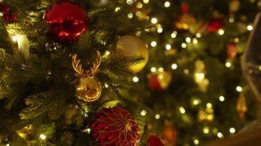 Yapay bir Noel ağacına asılı birkaç kırmızı plastik Noel oyuncağı. Stok videosu. Renkli süsler ve çelenkler. Renkli Noel süslemeleri. Bauble. - Mutlu yıllar. Tatil
