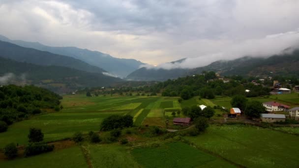 Utroligt panorama, drone flyvning over grønne marker i bjergene i Georgien. Smukke landskaber i naturen. Regnvejr og tåget dag. – Stock-video