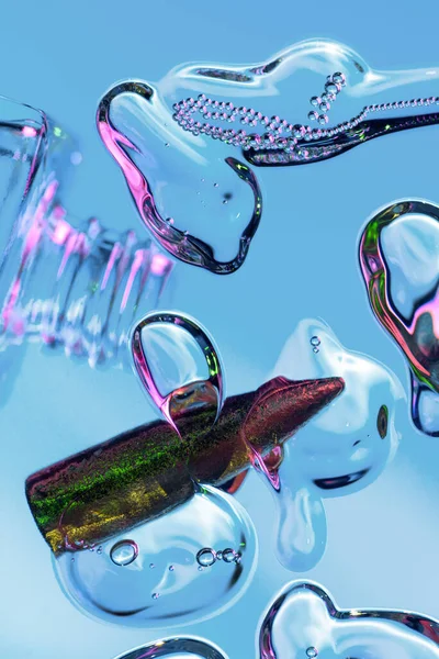 Kivonat Kozmetikai Termékeken Cseppeken Légbuborékokon Golyókon Palackokon Neonban Stock Kép