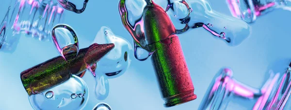 Abstraktion Auf Kosmetika Tropfen Luftblasen Kugeln Und Flaschen Neon Stockbild