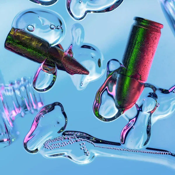 Abstractie Cosmetica Druppels Luchtbellen Kogels Flessen Neon — Stockfoto