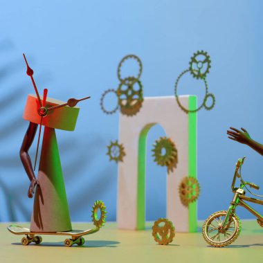 Vites, figür, kemer, bacak ve el, bisiklet ve kaykay bileşimi, zaman eksikliği konsepti, son teslim tarihi.