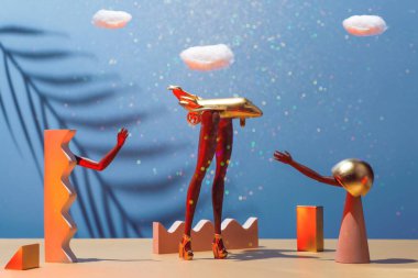 Kilitleme teması üzerine kavramsal çalışma. Altın uçak ayakları üzerinde, ve insanlar uçamaz, gökyüzü kapalı..