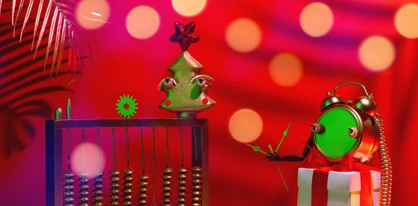 Červené Abstraktní Vánoční Novoroční Kompozice Stromem Hodinami Dárkem Telefonem — Stock fotografie