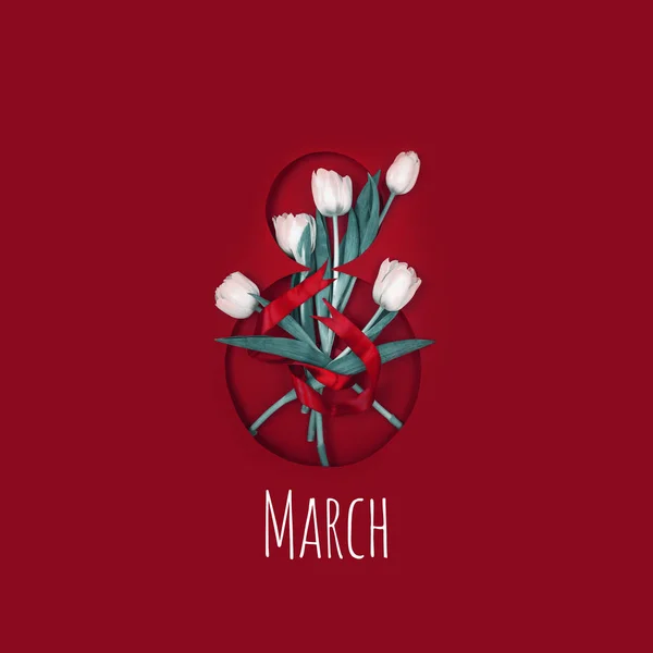 Postcard for The Eighth of March. Five white tulips in number eight. Tied with a ribbon on a red background