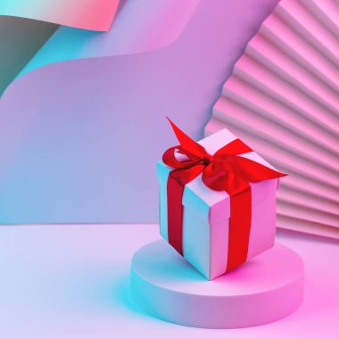Moda neon rengi arka planda kırmızı kurdeleli hediye kutusu. Konsept satışlar, indirimli fiyatlar, Noel hediyeleri ve alışveriş.