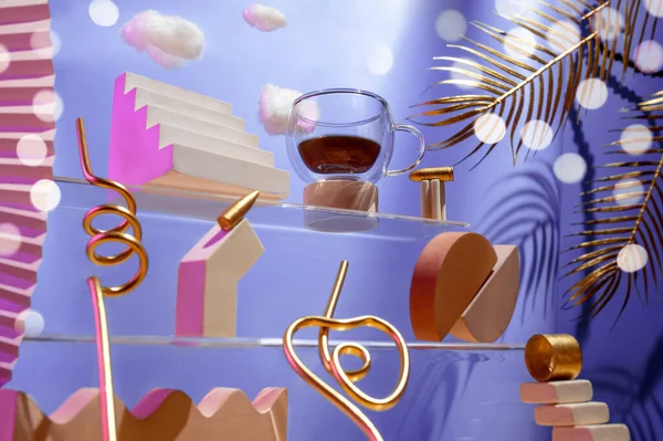 Futuristisk sammensætning på temaet kaffe, forskellige figurer, kugler, skyer på trappen på en blå baggrund, begrebet energi afgift. - Stock-foto