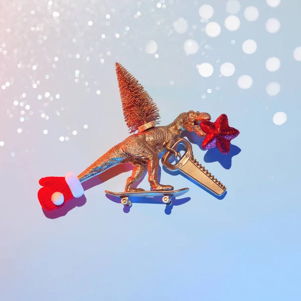 New Year Story How Golden Dinosaur Stole Christmas Tree Saw — Stock Photo, Image